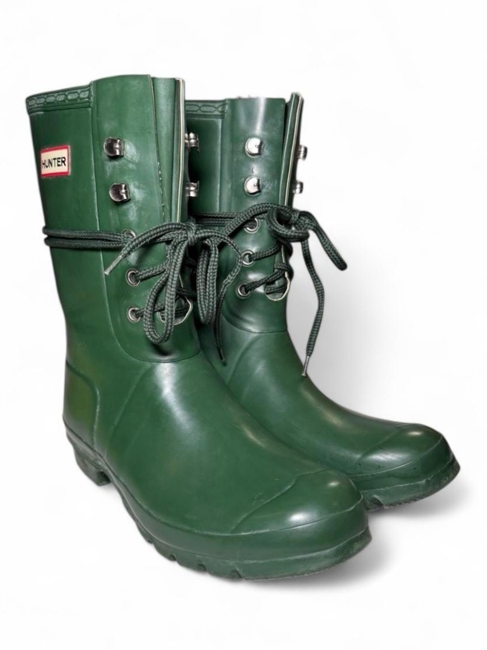 Hunter Original Green Lace Up Mid Calf Rain Boot Waterproof Rubber Women 9 Men 8
